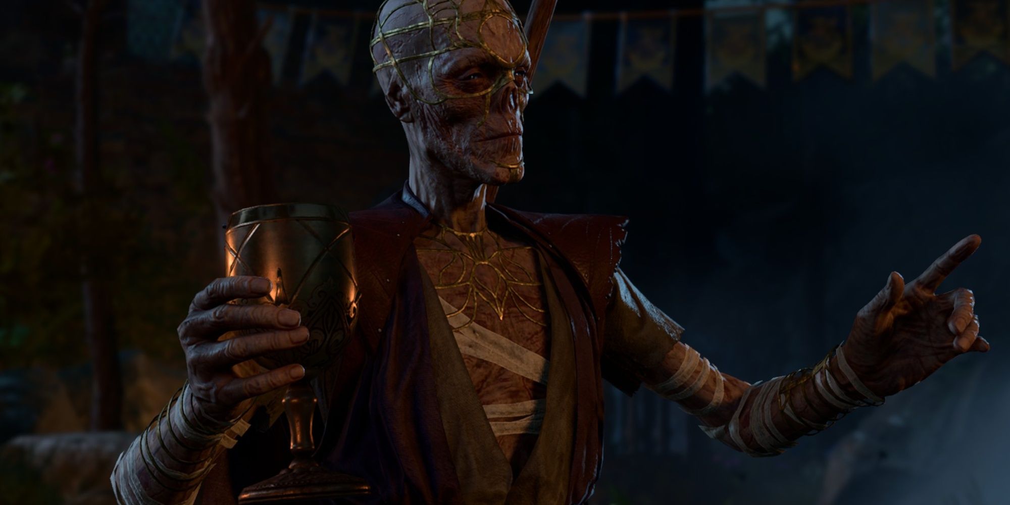 Withers speaks to guests at Patch 5 epilogue party with cup in hand in Baldur's Gate 3